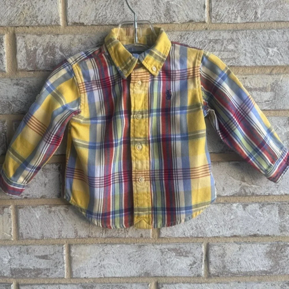 Ralph Lauren Long Sleeve Button Up 100% Cotton Plaid Shirt Boys Size 9 month